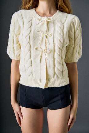 ENGLISH FACTORY - Pearl Bow Cable Knit Cardigan - SWEATERS & KNITS available at Objectrare