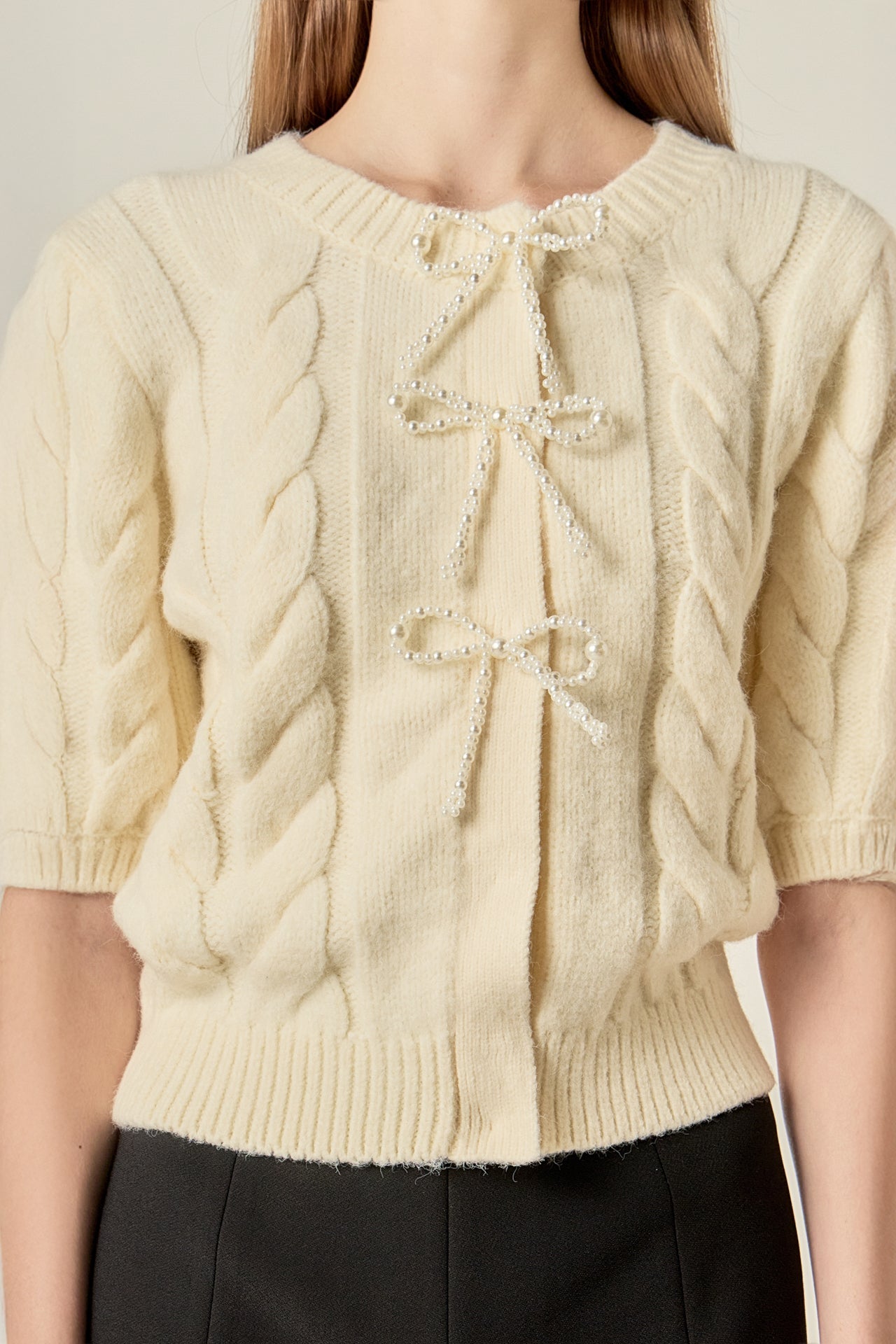 Pearl Bow Cable Knit Cardigan