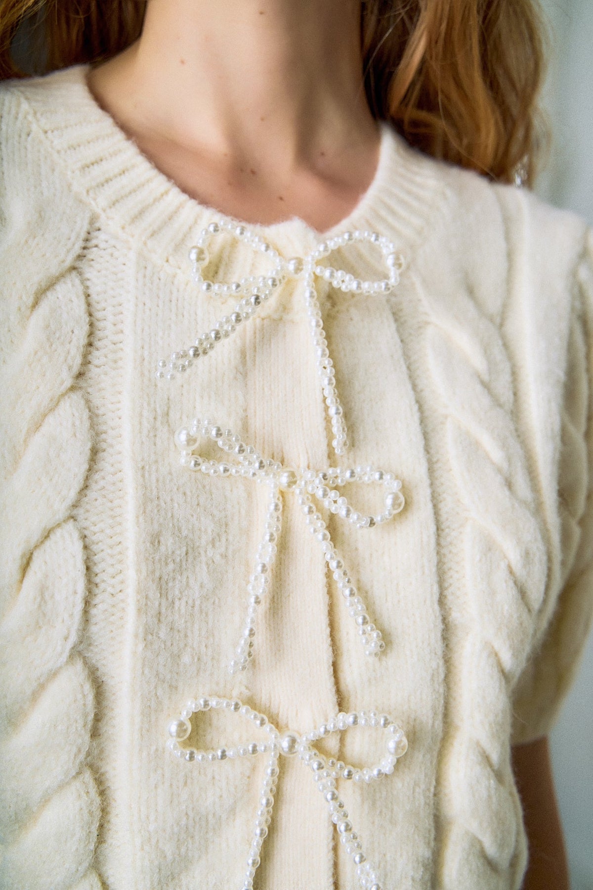 ENGLISH FACTORY - Pearl Bow Cable Knit Cardigan - SWEATERS & KNITS available at Objectrare