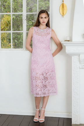 Rhinestone Bow Detailed Lace Sleeveless Midi Dress