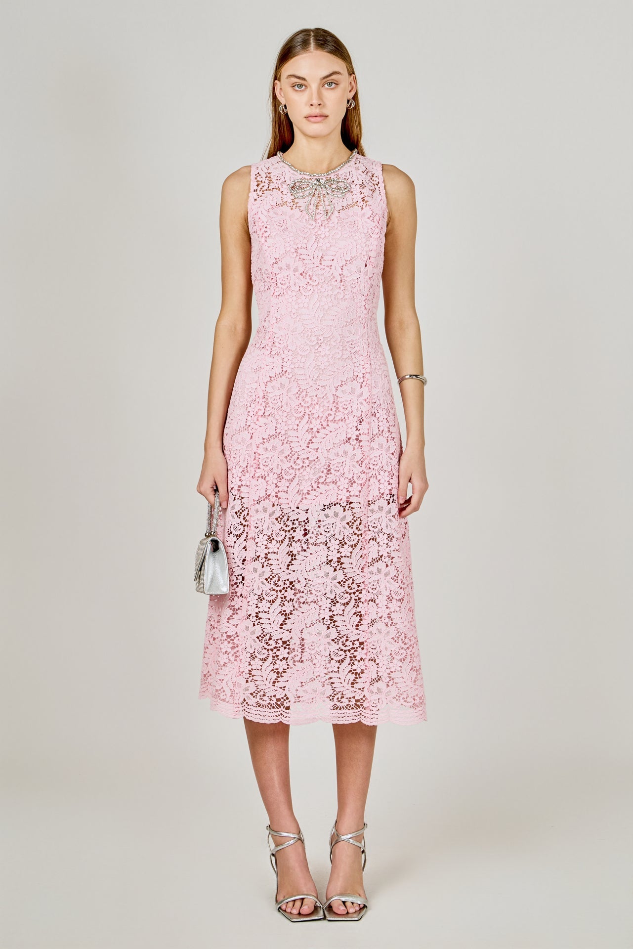 Rhinestone Bow Detailed Lace Sleeveless Midi Dress