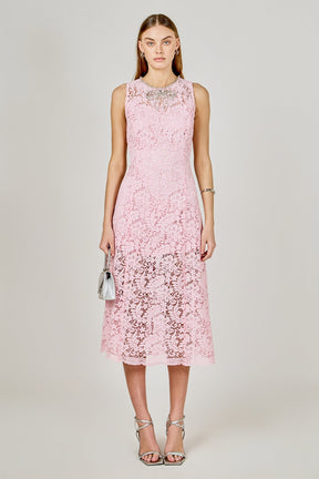 Rhinestone Bow Detailed Lace Sleeveless Midi Dress