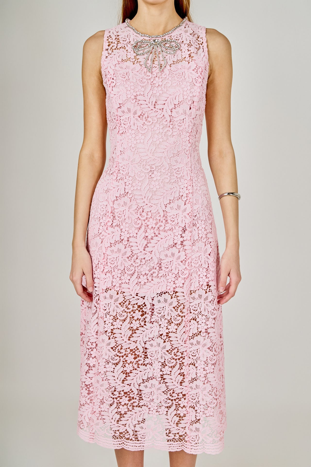 Rhinestone Bow Detailed Lace Sleeveless Midi Dress