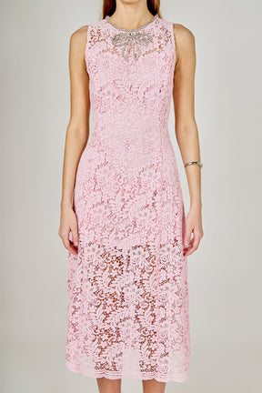 Rhinestone Bow Detailed Lace Sleeveless Midi Dress