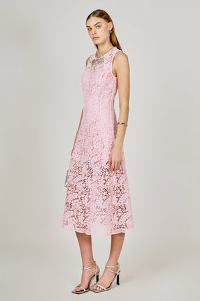 Rhinestone Bow Detailed Lace Sleeveless Midi Dress