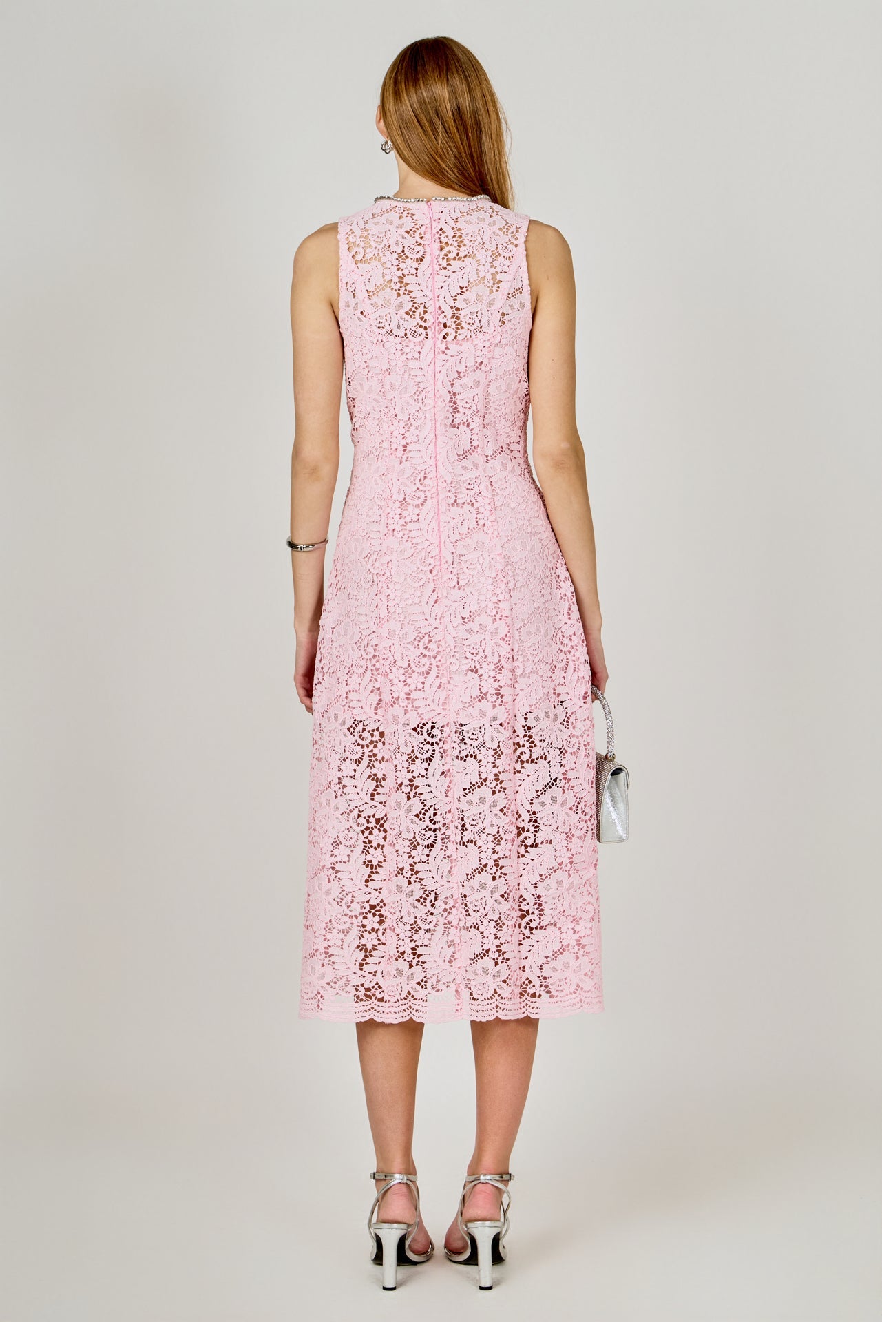 Rhinestone Bow Detailed Lace Sleeveless Midi Dress