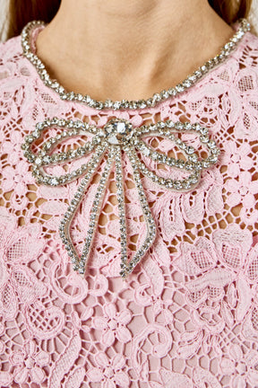 Rhinestone Bow Detailed Lace Sleeveless Midi Dress