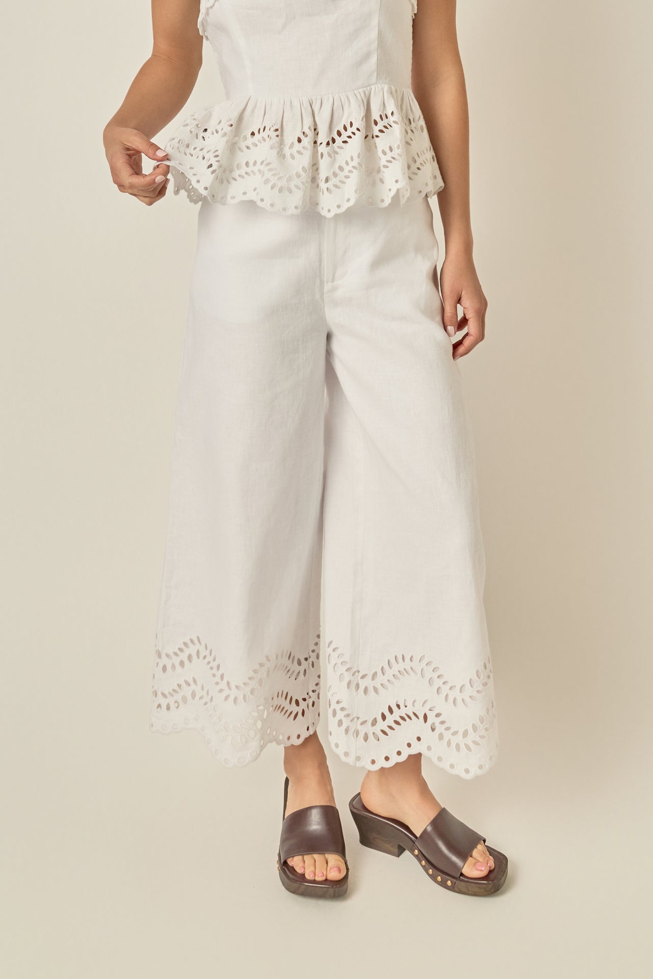 Eyelet Trim Linen Wide-Leg Pants