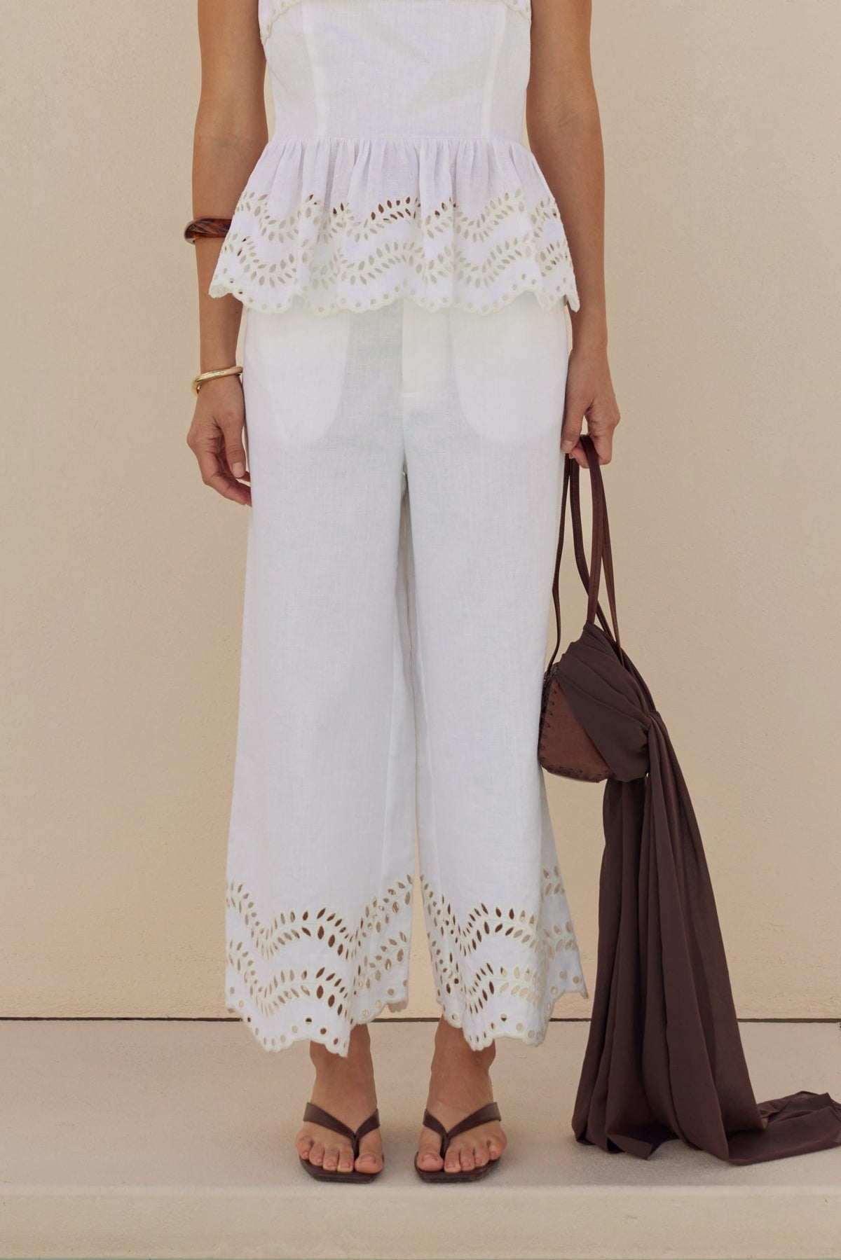 Eyelet Trim Linen Wide-Leg Pants