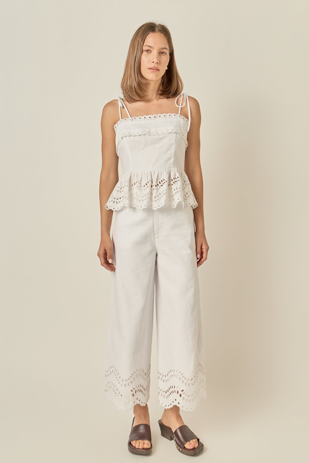 Eyelet Trim Linen Wide-Leg Pants