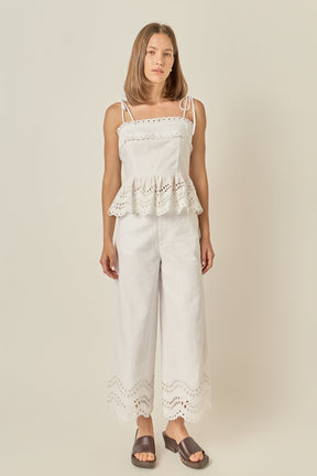 Eyelet Trim Linen Wide-Leg Pants