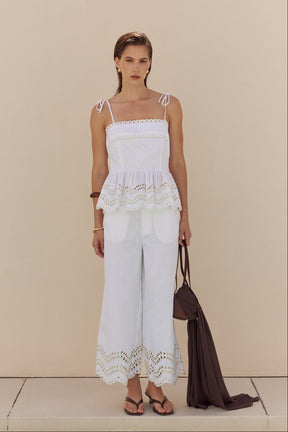 Eyelet Trim Linen Wide-Leg Pants