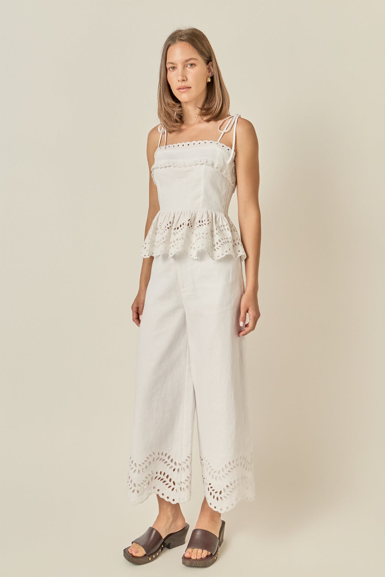Eyelet Trim Linen Wide-Leg Pants