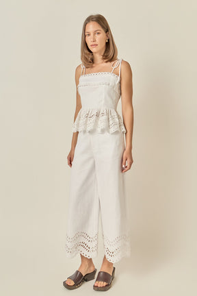 Eyelet Trim Linen Wide-Leg Pants