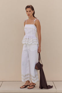 Eyelet Trim Linen Wide-Leg Pants