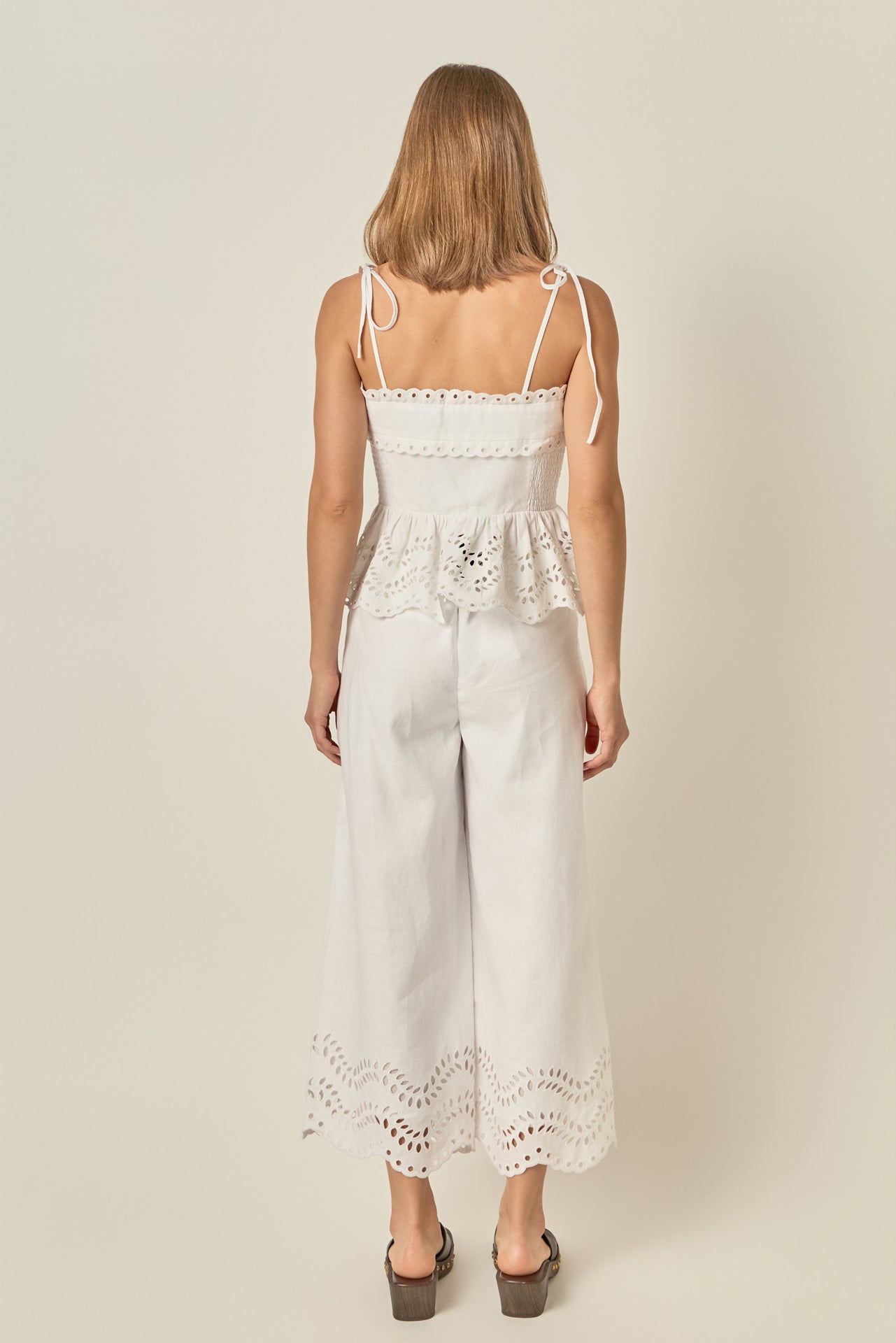 Eyelet Trim Linen Wide-Leg Pants
