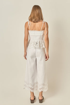 Eyelet Trim Linen Wide-Leg Pants