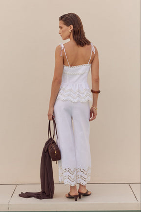 Eyelet Trim Linen Wide-Leg Pants