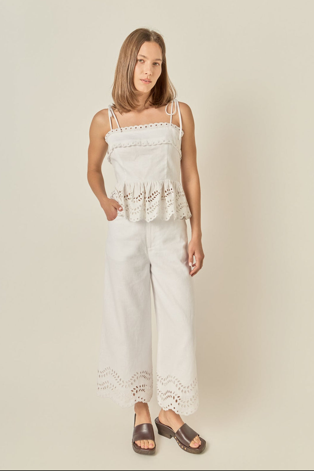 Eyelet Trim Linen Wide-Leg Pants