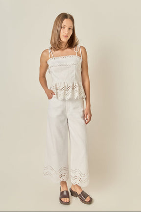Eyelet Trim Linen Wide-Leg Pants