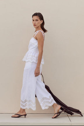 Eyelet Trim Linen Wide-Leg Pants