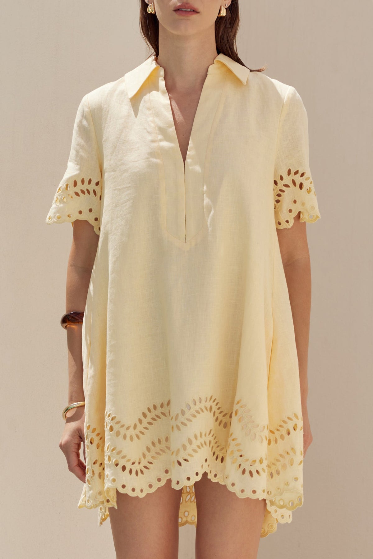 Eyelet Trim Linen Mini Dress