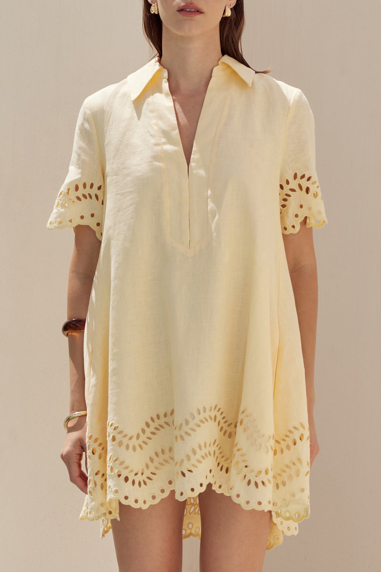 Eyelet Trim Linen Mini Dress