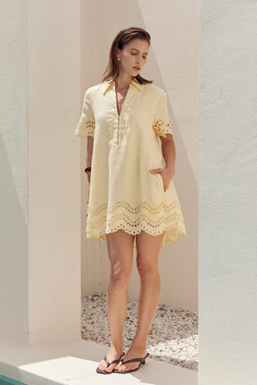 Eyelet Trim Linen Mini Dress