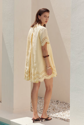 Eyelet Trim Linen Mini Dress
