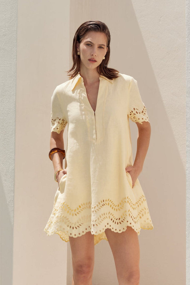 Eyelet Trim Linen Mini Dress