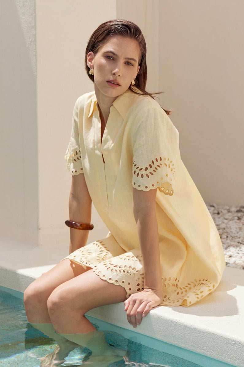 Eyelet Trim Linen Mini Dress