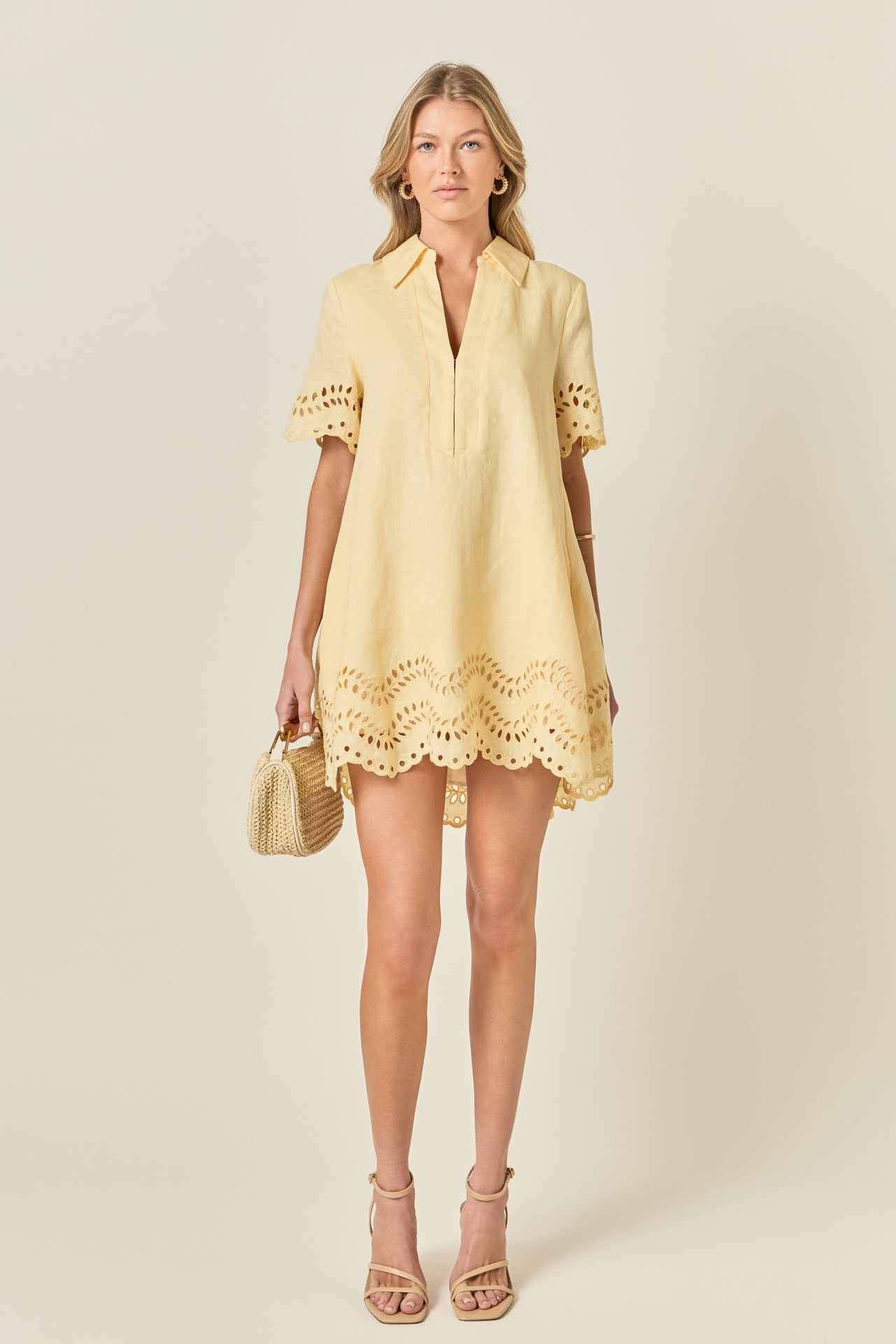 Eyelet Trim Linen Mini Dress