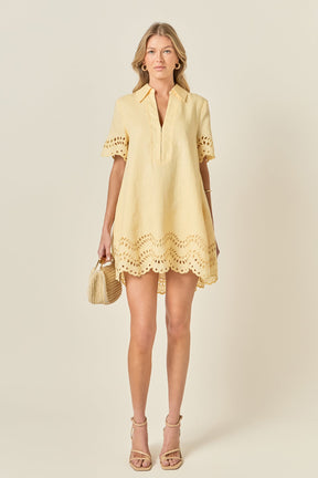 Eyelet Trim Linen Mini Dress