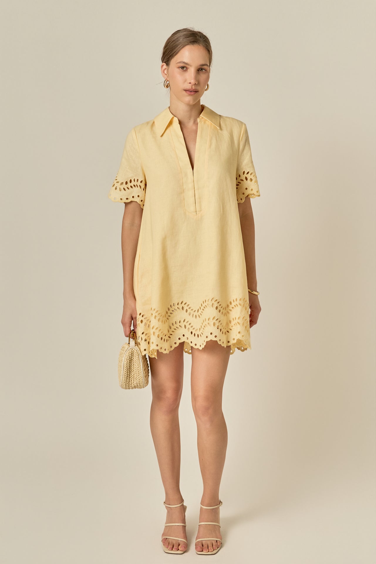 Eyelet Trim Linen Mini Dress