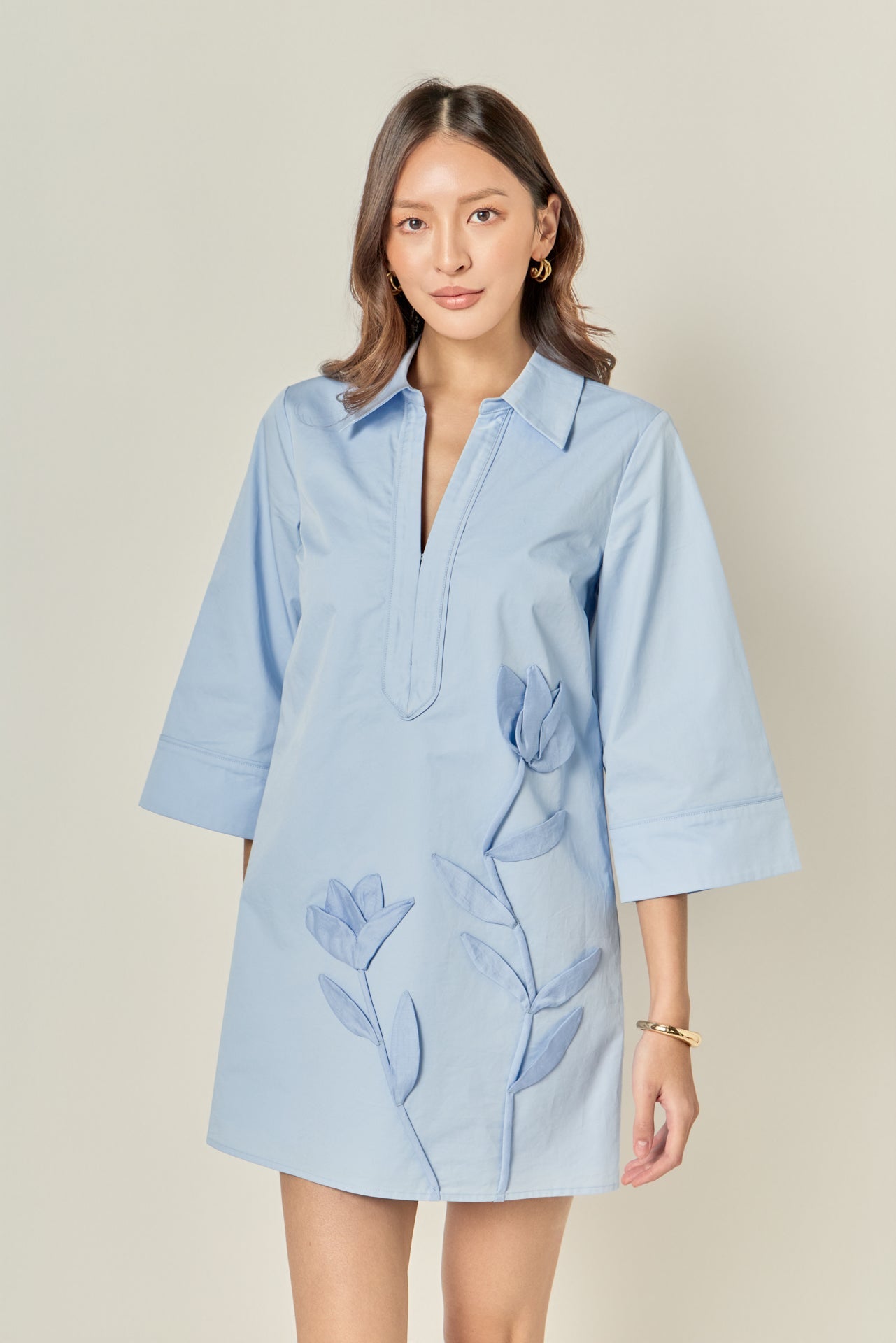 Floral Applique Shirt Mini Dress