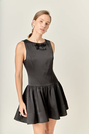 Satin Beaded Bow Mini Dress