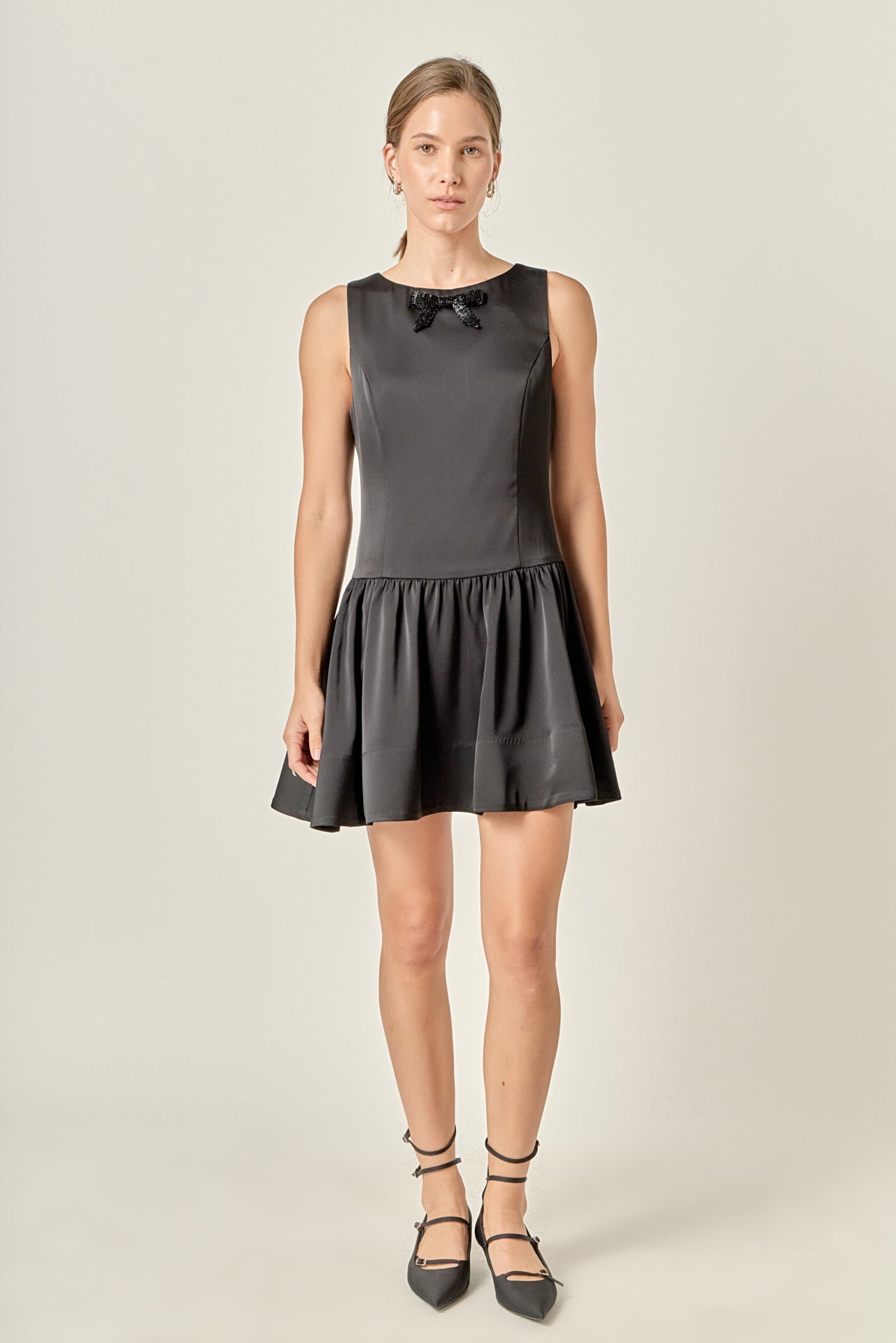 Satin Beaded Bow Mini Dress