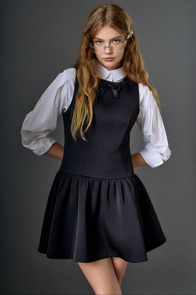 ENGLISH FACTORY - Satin Beaded Bow Mini Dress - DRESSES available at Objectrare