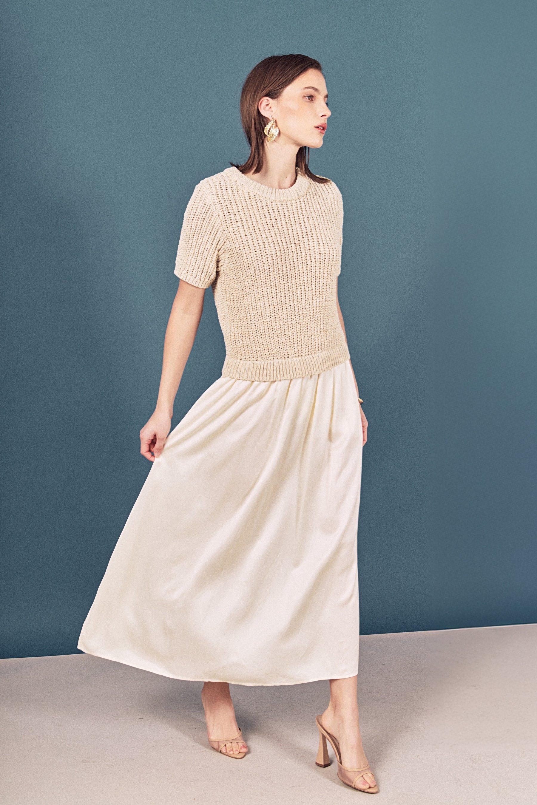 Satin Contrast Mixed Media Midi Dress