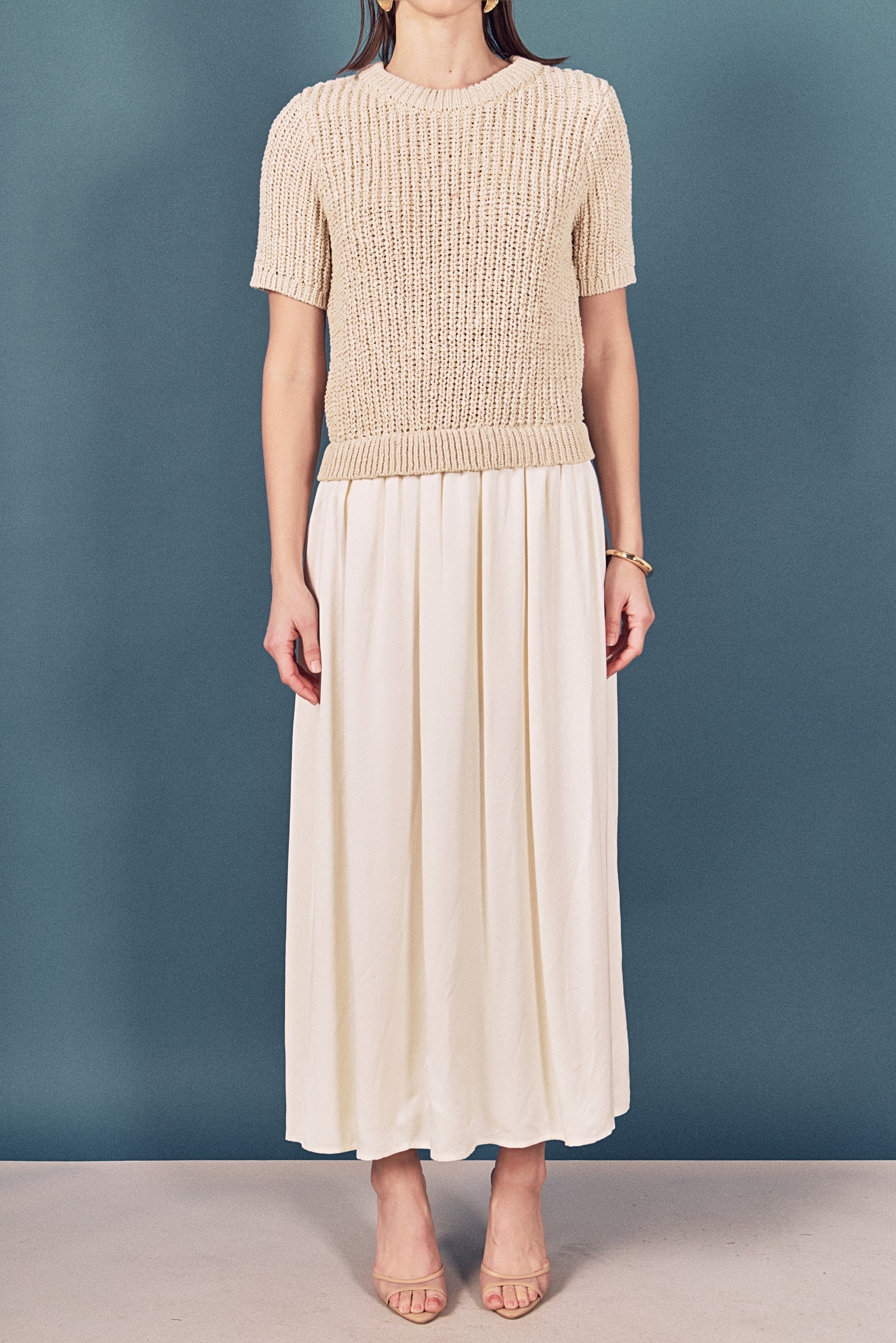 Satin Contrast Mixed Media Midi Dress