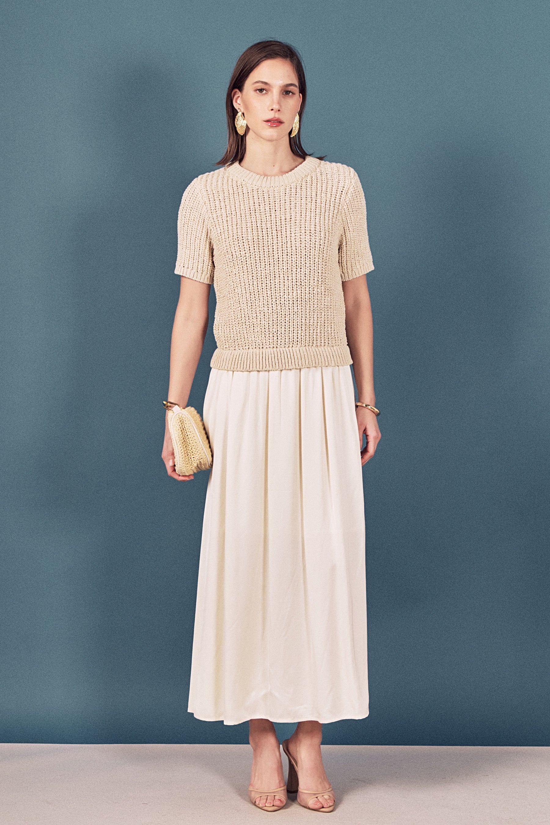 Satin Contrast Mixed Media Midi Dress