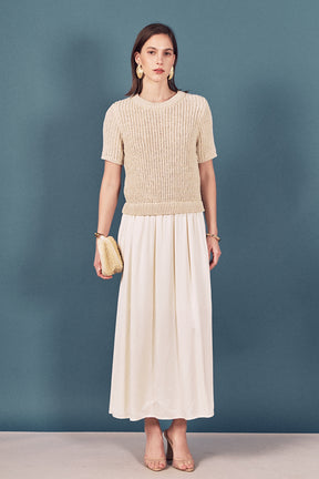 Satin Contrast Mixed Media Midi Dress