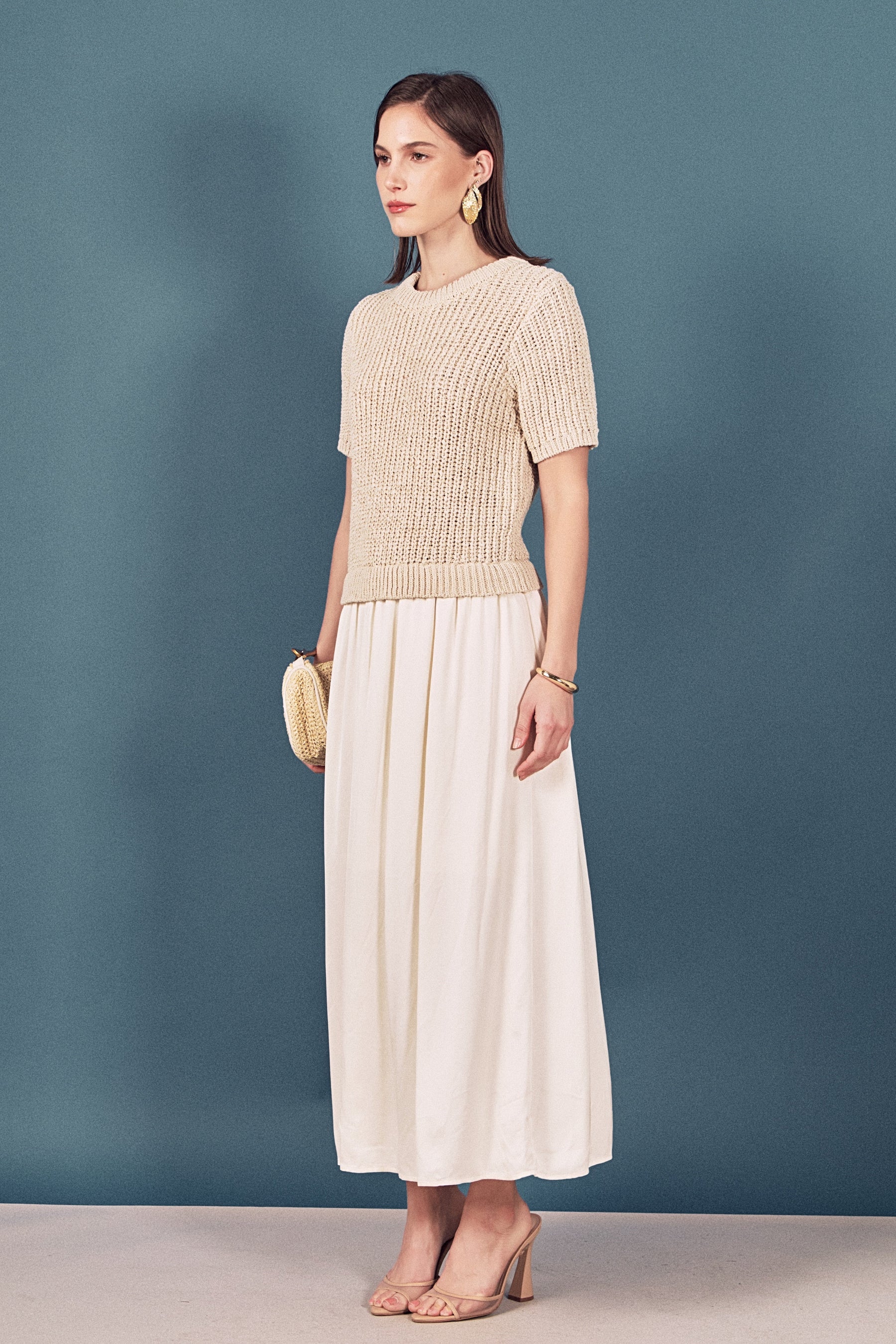 Satin Contrast Mixed Media Midi Dress