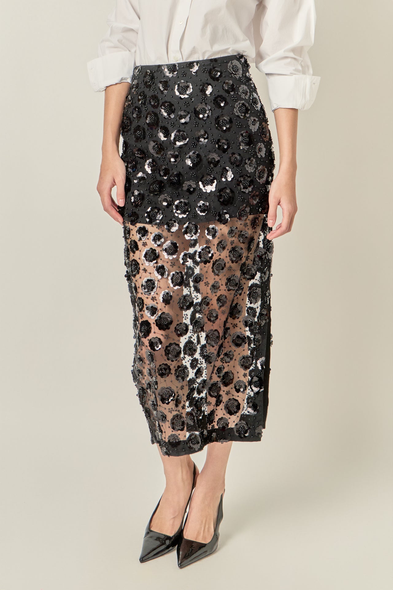 ENGLISH FACTORY - Flower Sequin Sheer Midi Skirt - SKIRTS available at Objectrare
