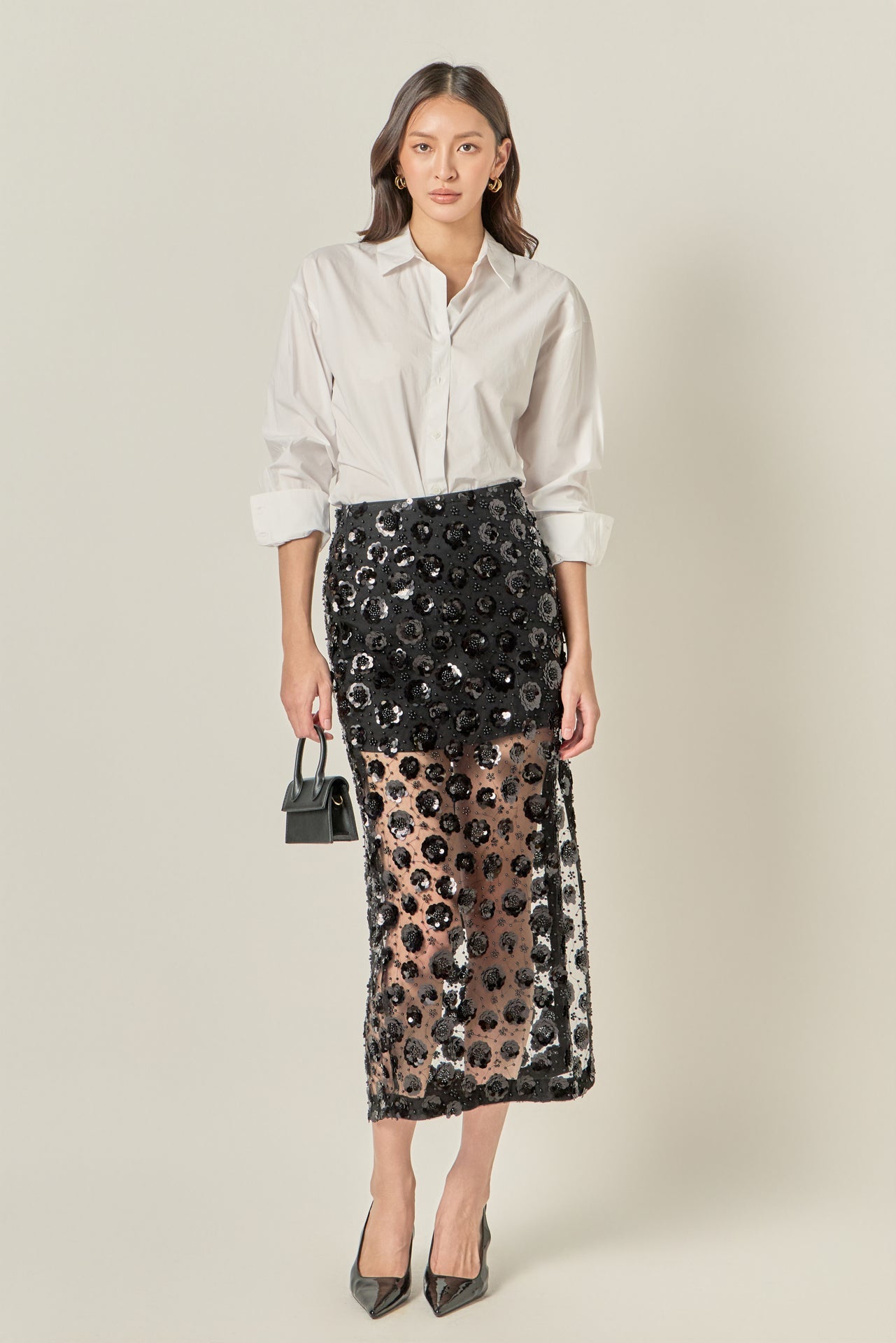 ENGLISH FACTORY - Flower Sequin Sheer Midi Skirt - SKIRTS available at Objectrare