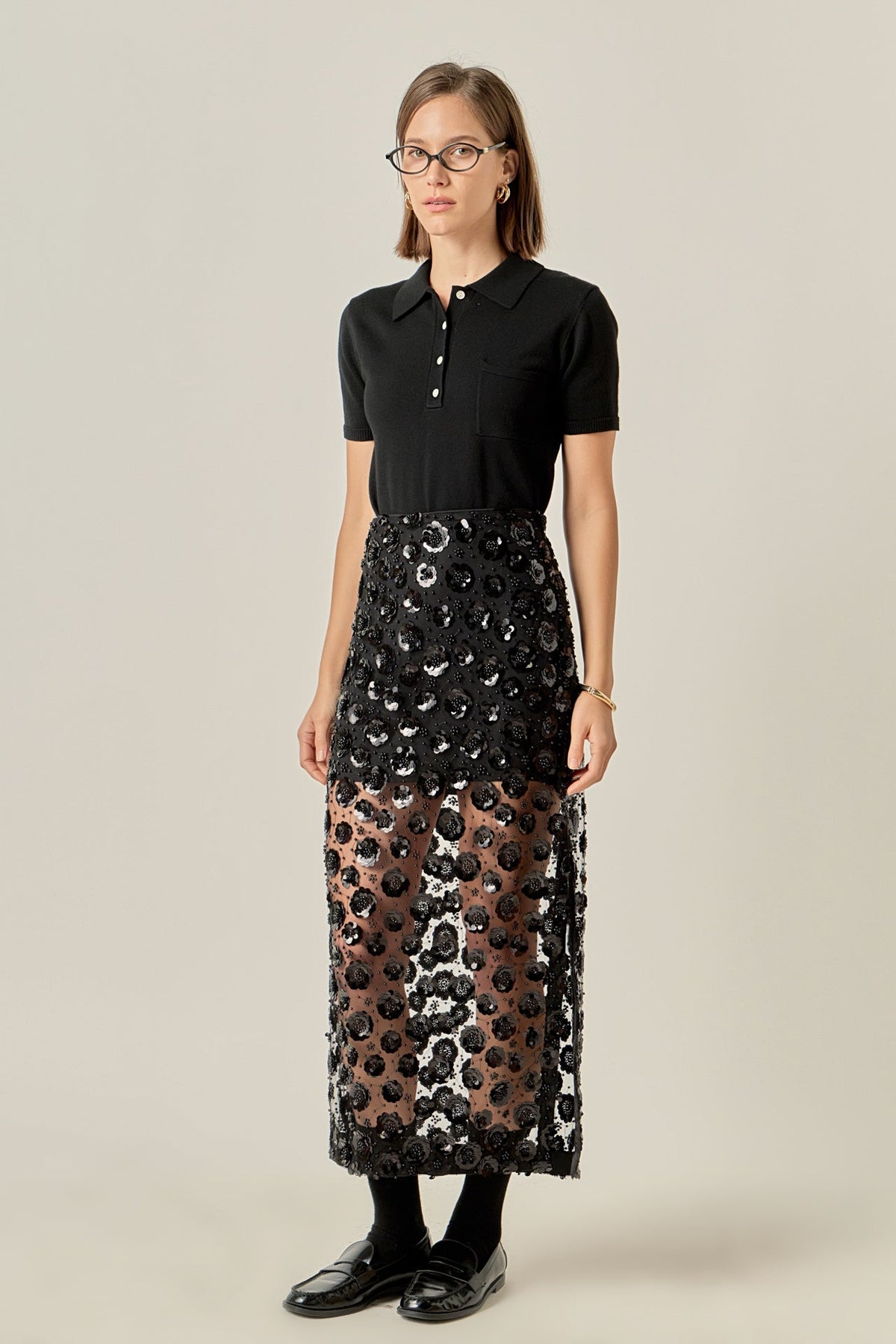 Flower Sequin Sheer Midi Skirt