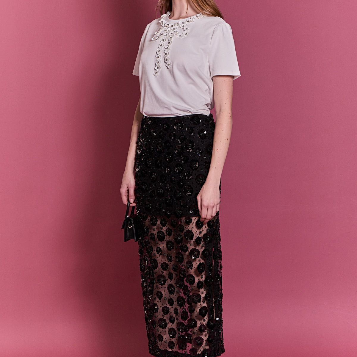 Flower Sequin Sheer Midi Skirt