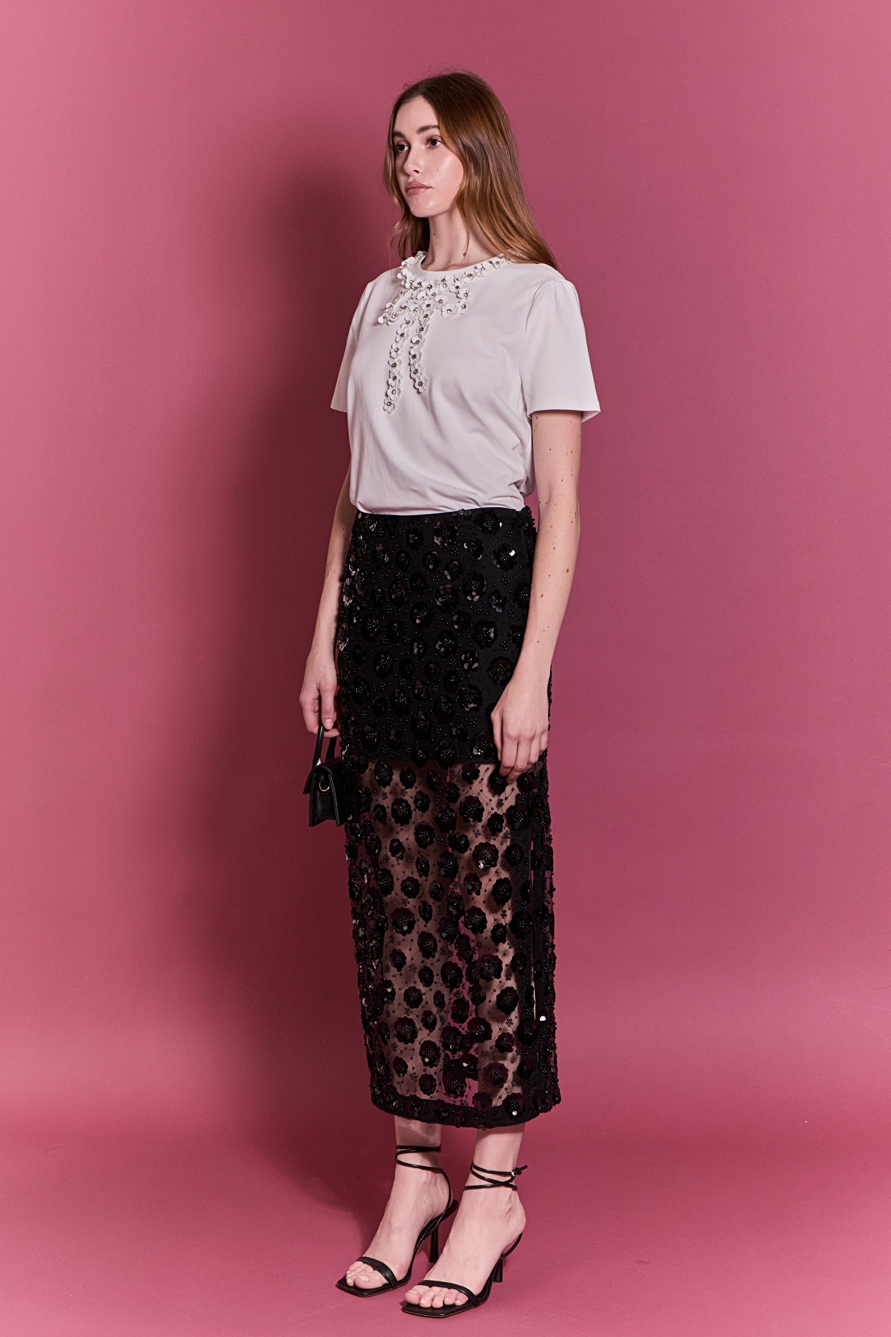 スカート overdue flair 25FW /FLOWER SEQUIN SKIRT Flower Sequin Sheer Midi Skirt