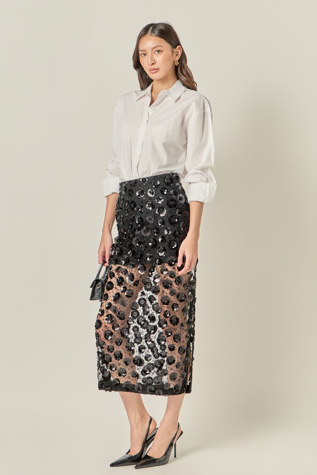 ENGLISH FACTORY - Flower Sequin Sheer Midi Skirt - SKIRTS available at Objectrare
