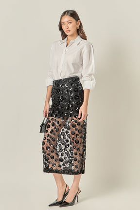 ENGLISH FACTORY - Flower Sequin Sheer Midi Skirt - SKIRTS available at Objectrare